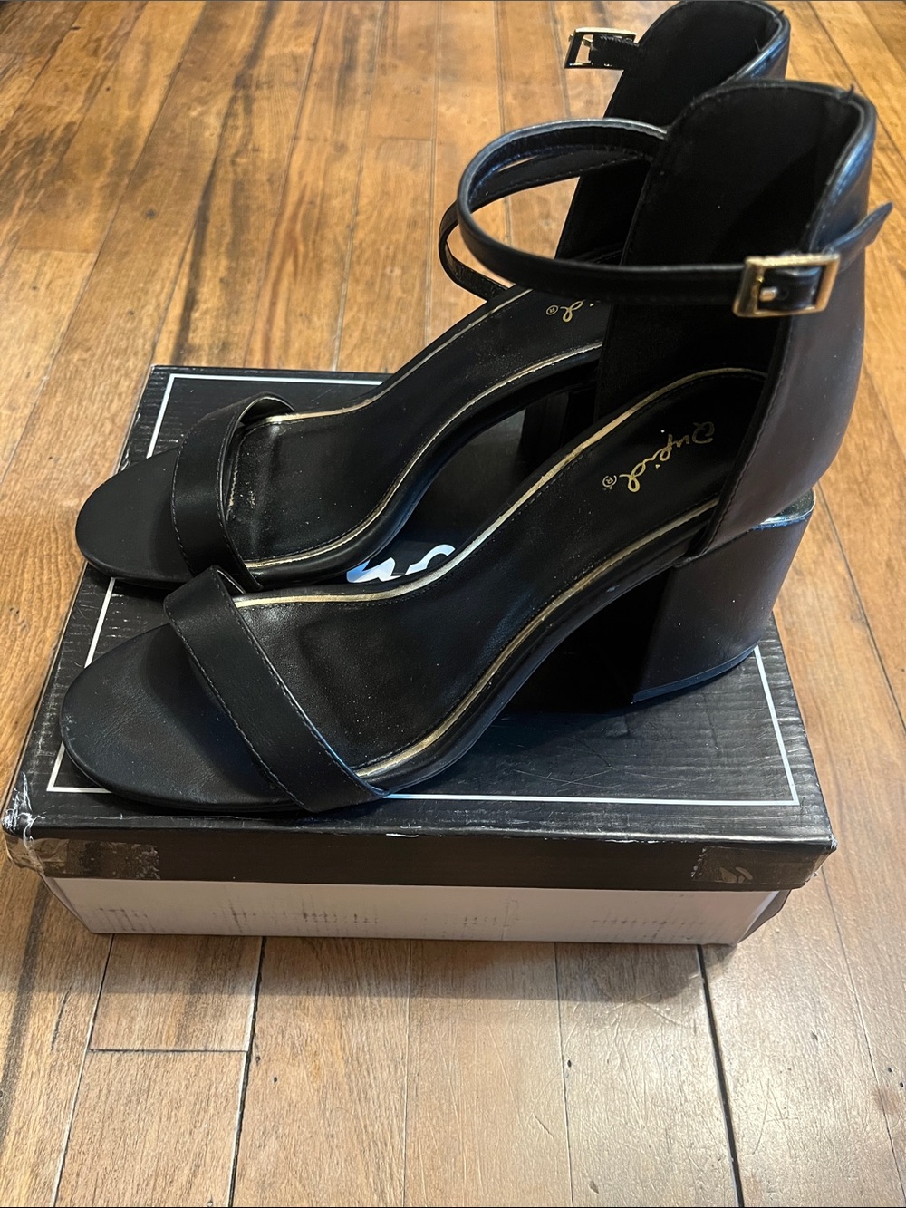 Qupid Black Ankle-Strap Block Heel Sandals